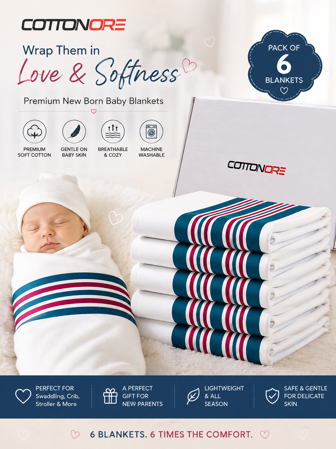 Cottonore Newborn Baby Blankets OEKO-TEX Stripe Blankets Pack of 6